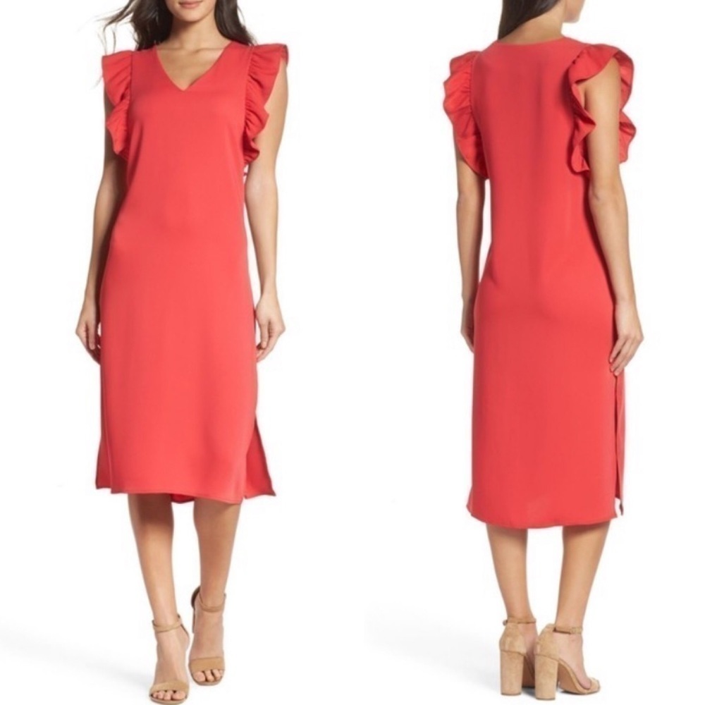 Chelsea28 Womens Coral Spice Ruffle Sleeve V Neck Side Slit Hem Midi Dress
